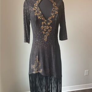 Rhythm Latin Dance Black and orange Asymmetrical fringe Dress